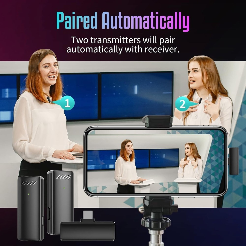 2 pc Professional Wireless Lavalier Microphone for iPhone iPad w/ Charging Case