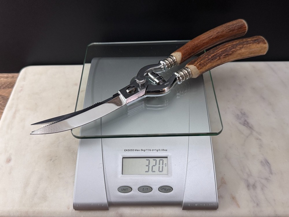 Custom German Stainless Kitchen Poultry Shears Stag Handle, Fork Tip, Take-Apart