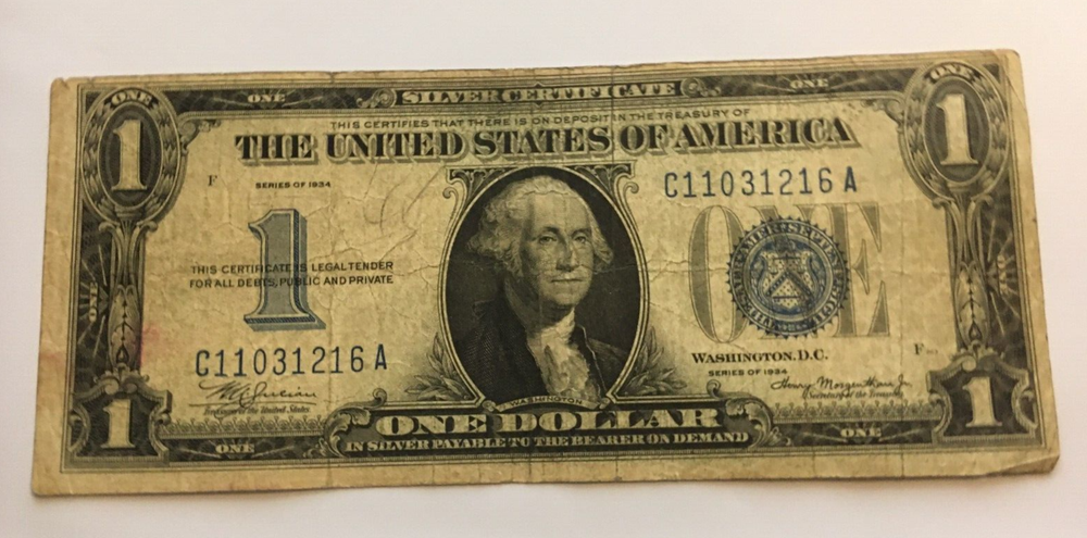 1934 $1 One Dollar Silver Certificate FUNNY BACK