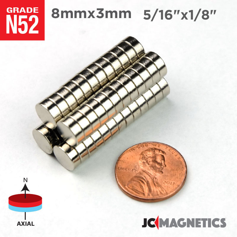 8mm x 3mm 5/16x1/8" N52 Super Strong Rare Earth Neodymium Magnet Disc 8x3mm
