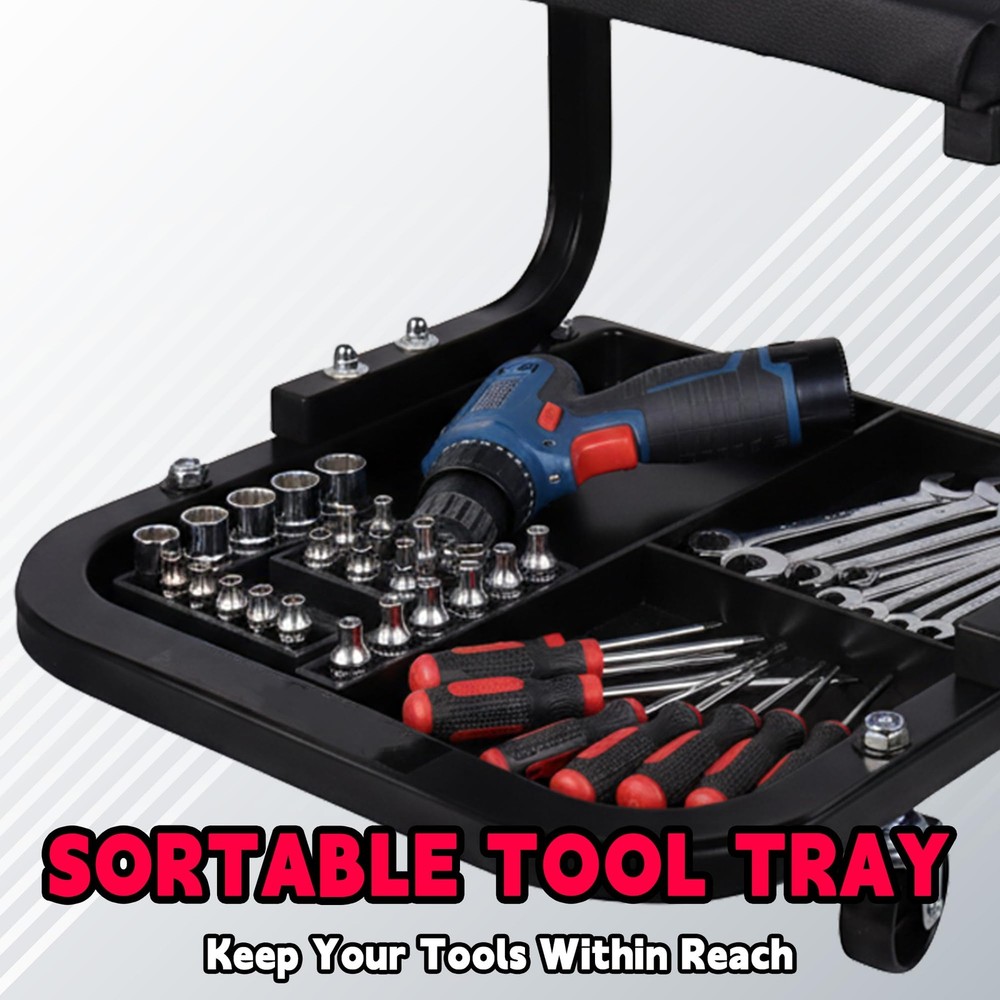 Rolling Creeper Garage/Shop Seat, Padded Rolling Workshop Stool with Tool Tray