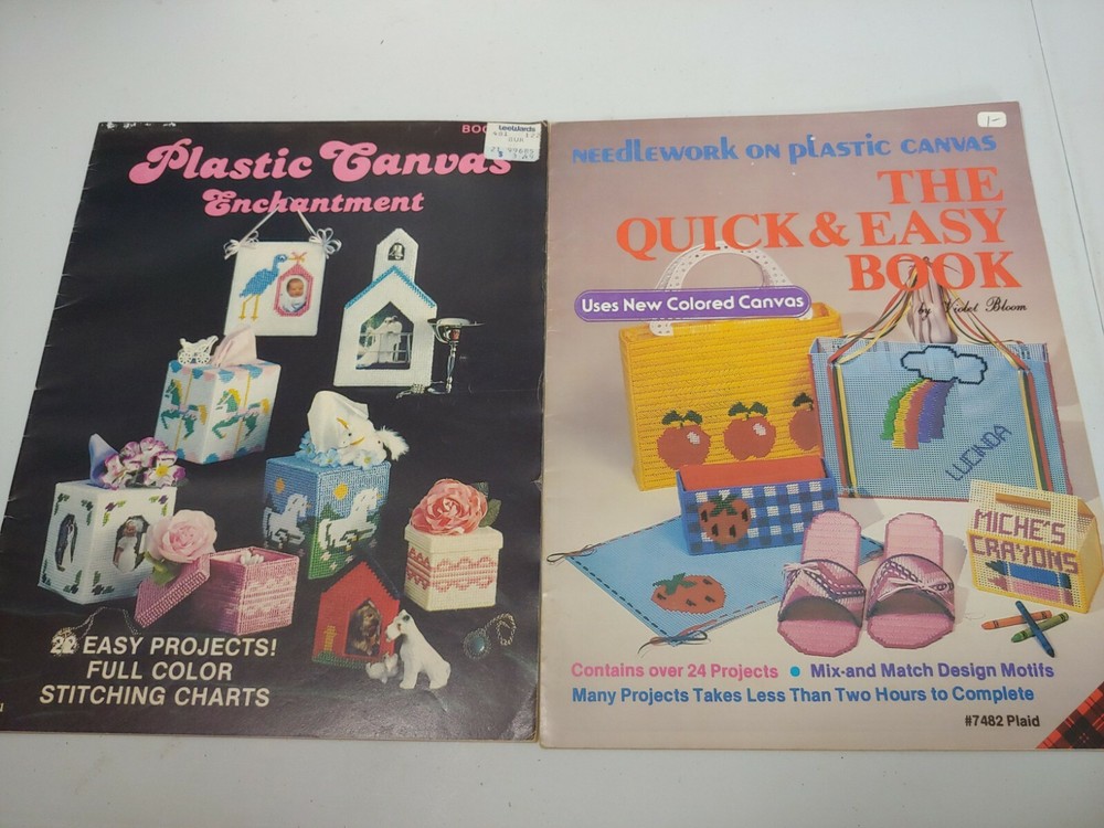 6 PLASTIC CANVAS leaflets MOBILE CHECKERS boxes picture frames tissue covers