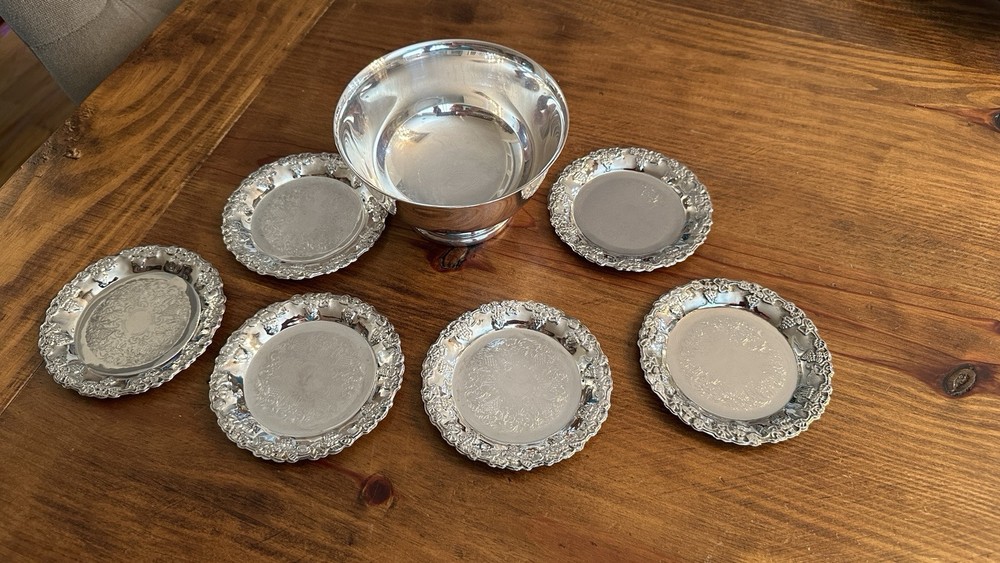 Gorham Silverplate Bowl And 6 Godinger Silverplate Coasters