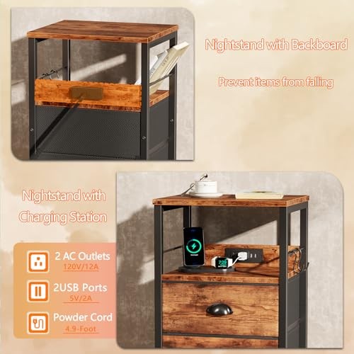 End Table with Charging Station, Nightstand with Fabric 1 pc Rustic Brown