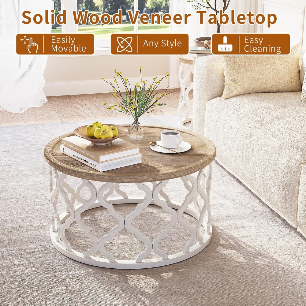 Create Farmhouse Elegance - Round Coffee Table with Distressed Tray Top