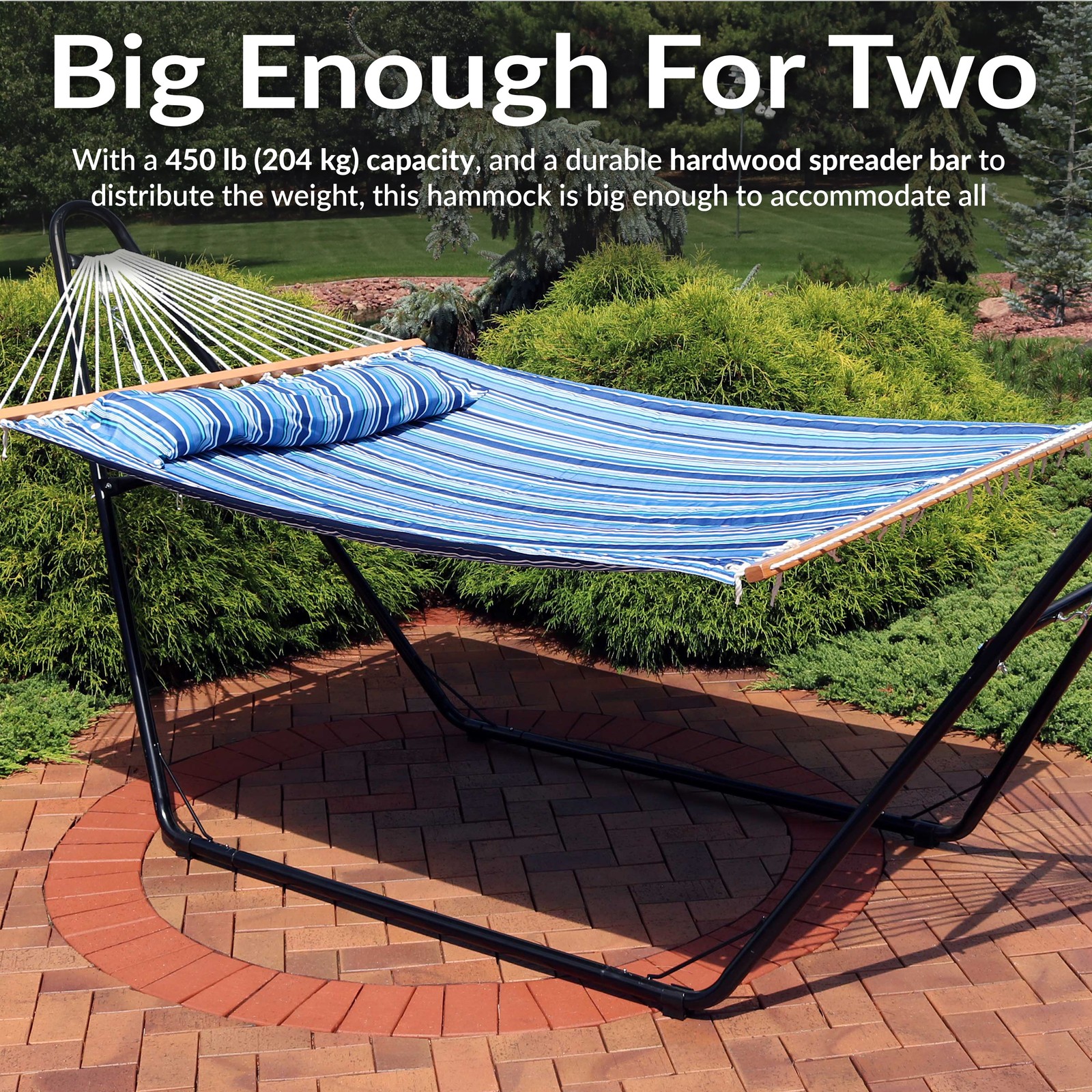 Large Quilted Hammock with Spreader Bar and Pillow - Blue Stripe by Sunnydaze