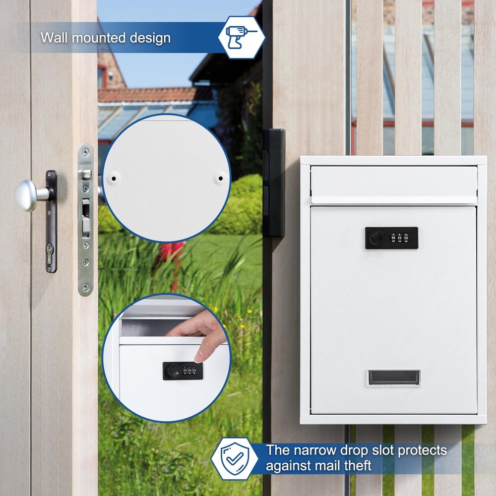Secure Locking Wall Mount Mailbox with Key Weather Resistant White