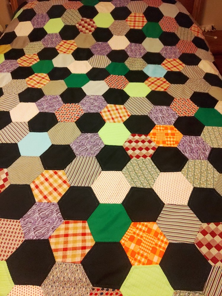 Vintage Hand Stitched 88x80 Hexagon Patchwork Quilt