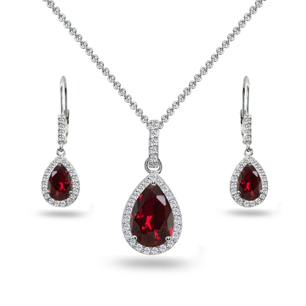 Teardrop Created Ruby & White Topaz Necklace & Leverback Earrings in Silver
