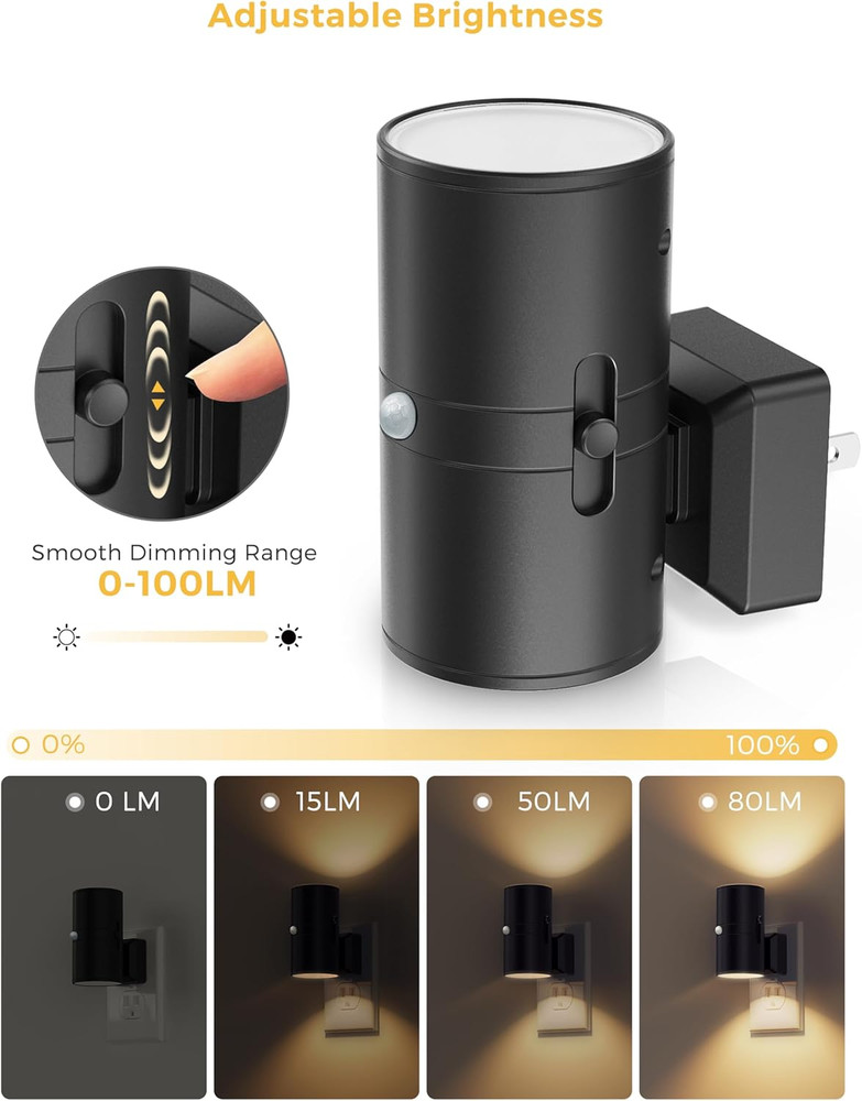 Motion Sensor Night Light Plug In, 2 Pack, Motion Activated Night Light, 0-100LM