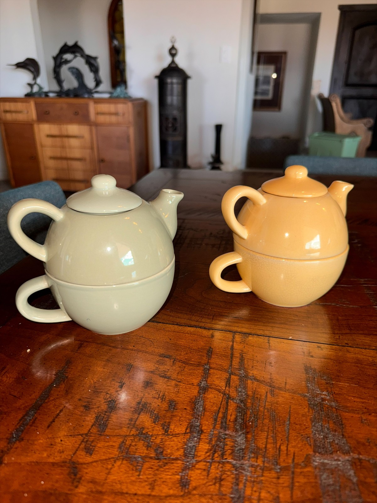 Pier 1 Teapot Mug Set Stackable Tea For One Yellow Green Crackle Glaze China Set