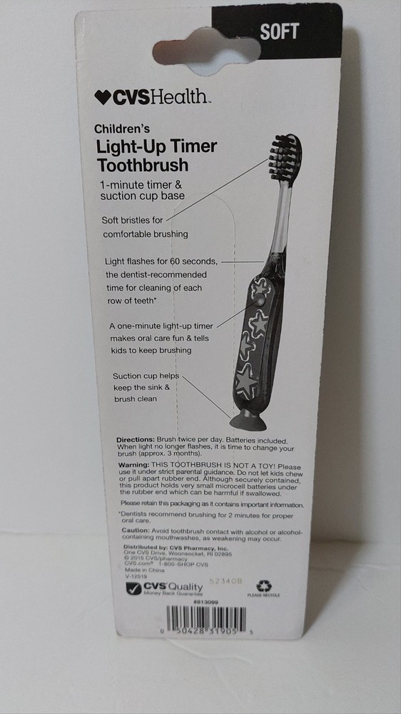 2 CVS Children's Light-Up Timer Toothbrush Soft 1-Minute Timer& Suction Cup Base