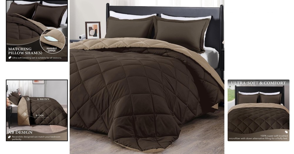 Modern Brown and Tan King Comforter Set - Soft Microfiber for -Round Use