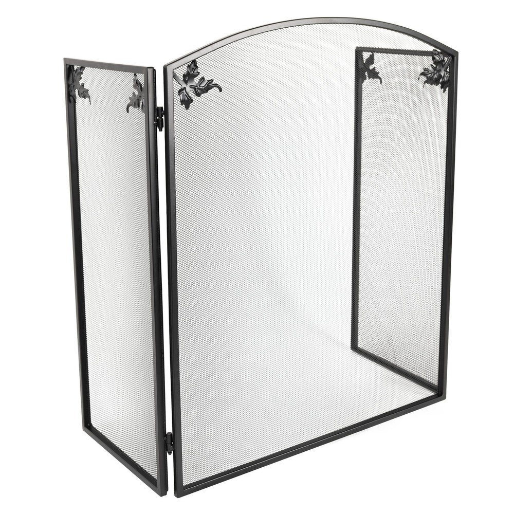 3 Panel Foldable Black Fireplace Screen Arched Fireplace Gate W/ Classic Leaf