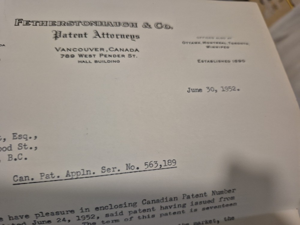 PATENT PAPERWORK for MAPLE EXTRACT - 1952 - 6650