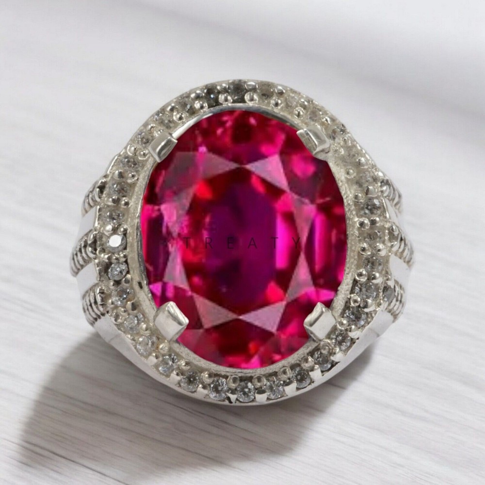 Ruby Oval Cut Gemstone With Solid 14K White Gold Ring For Men's #A98 #