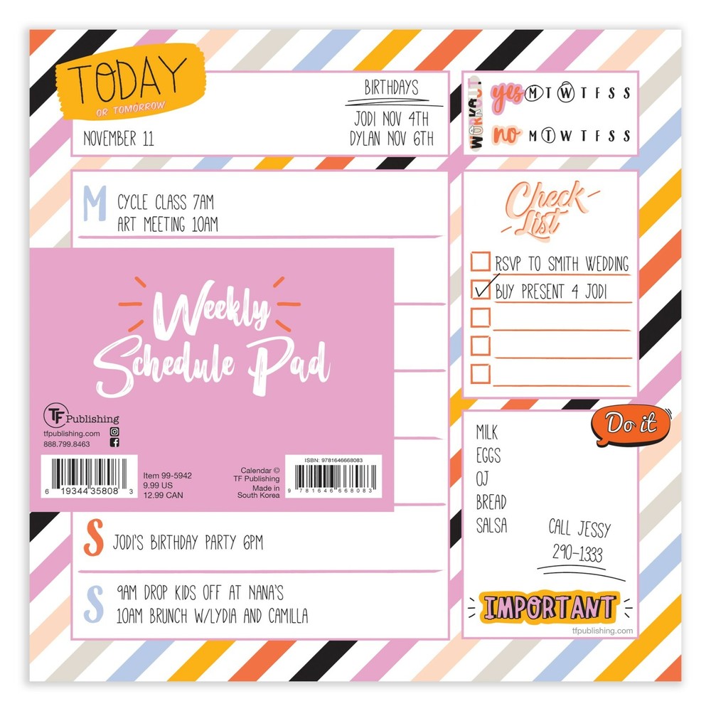Super Stripe Weekly 7.75 x 7.75 Square Schedule Pad