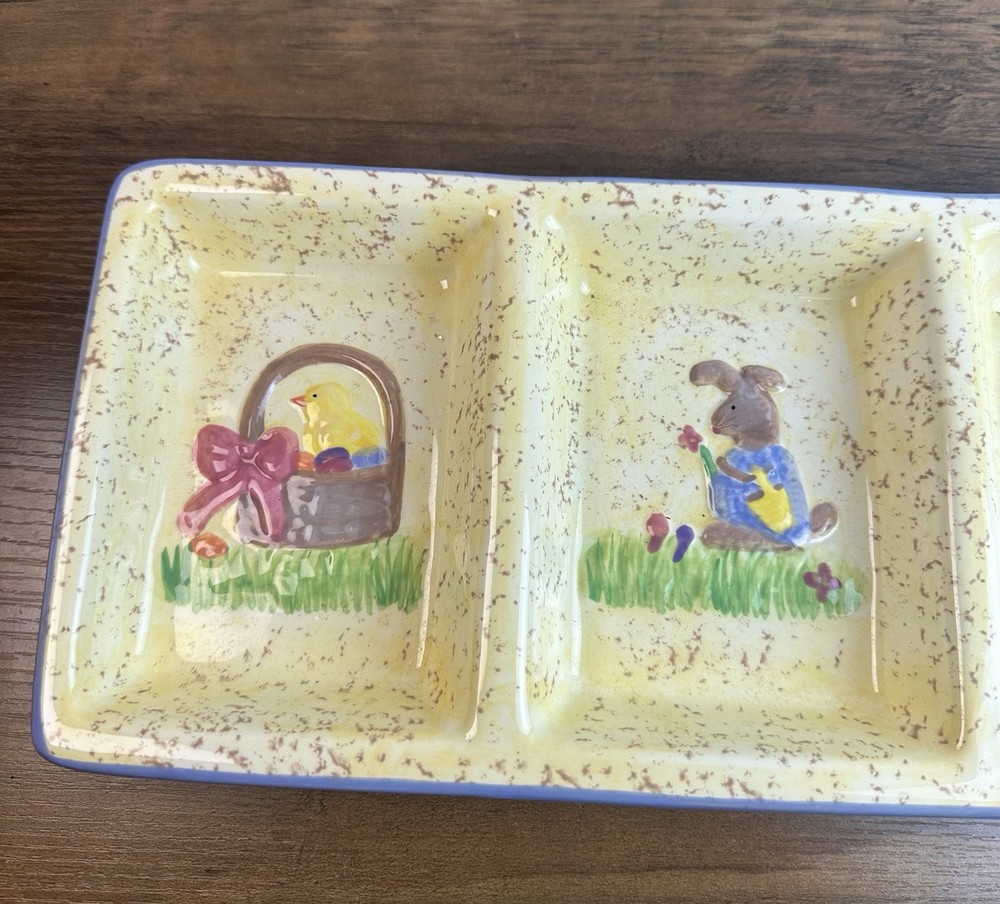 Vintage Easter Bunny Chick Divided Serving Tray 4 Section Spring Platter 17”