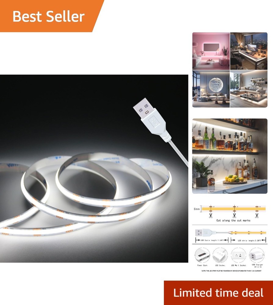 Energy Efficient 320 LED COB Strip Light - 3.28FT White USB Lighting Solution