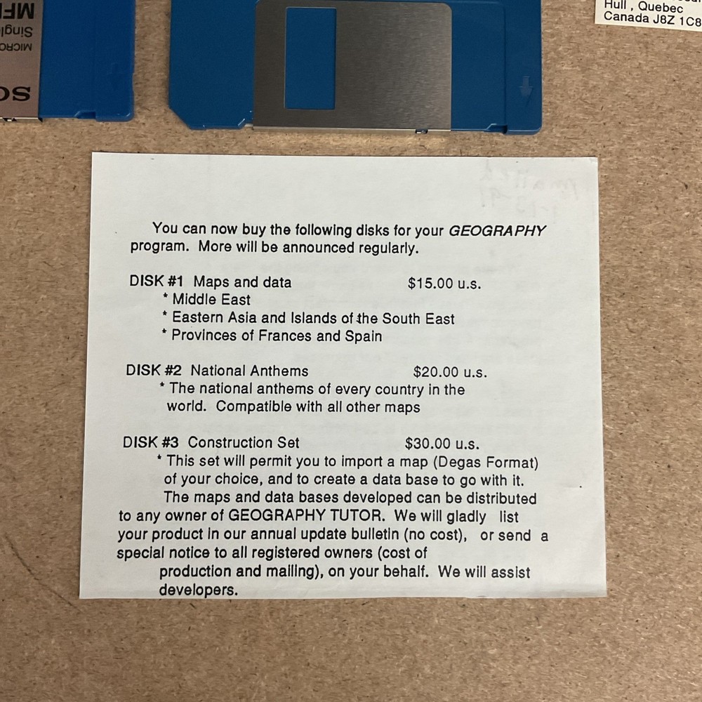 Geography Tutor Sony Micro Floppy Disk MFD-1DD Version 2.7 - No Box