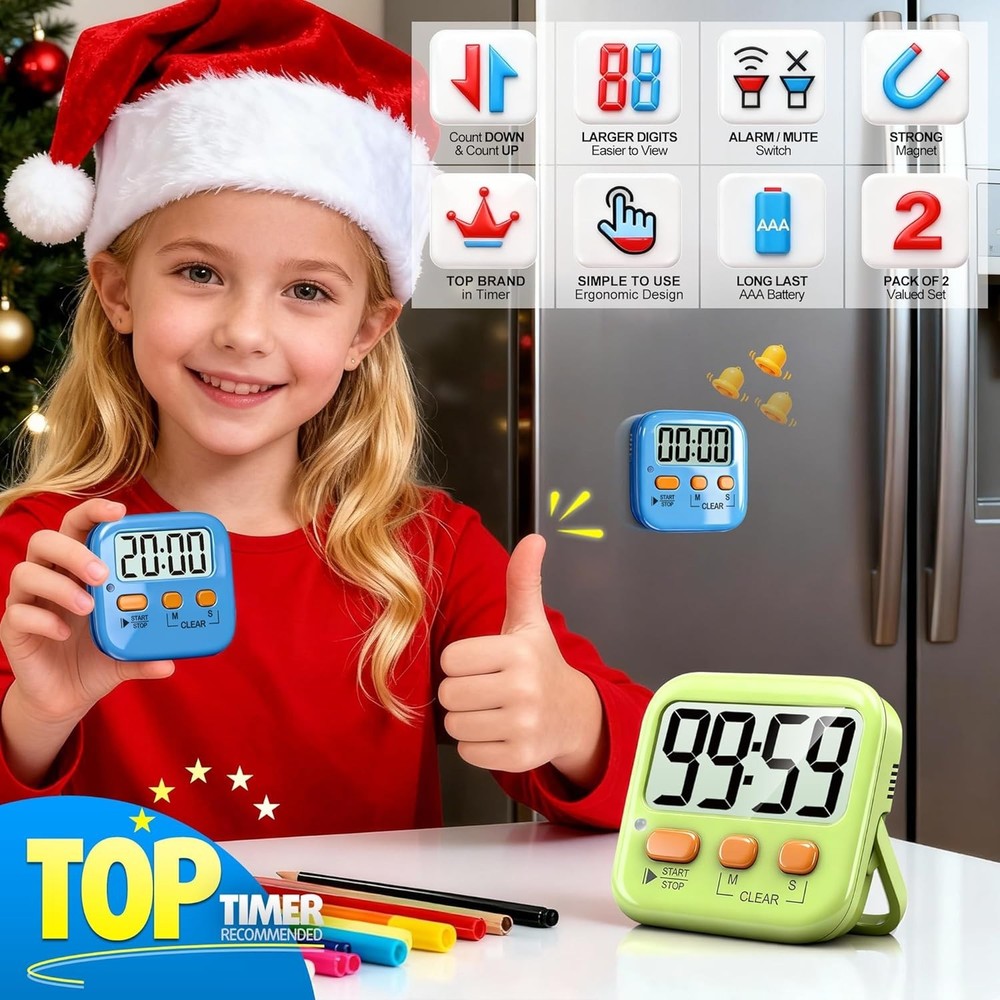Versatile 2 Pack Kitchen & Classroom Timers - Loud/Silent Modes Included