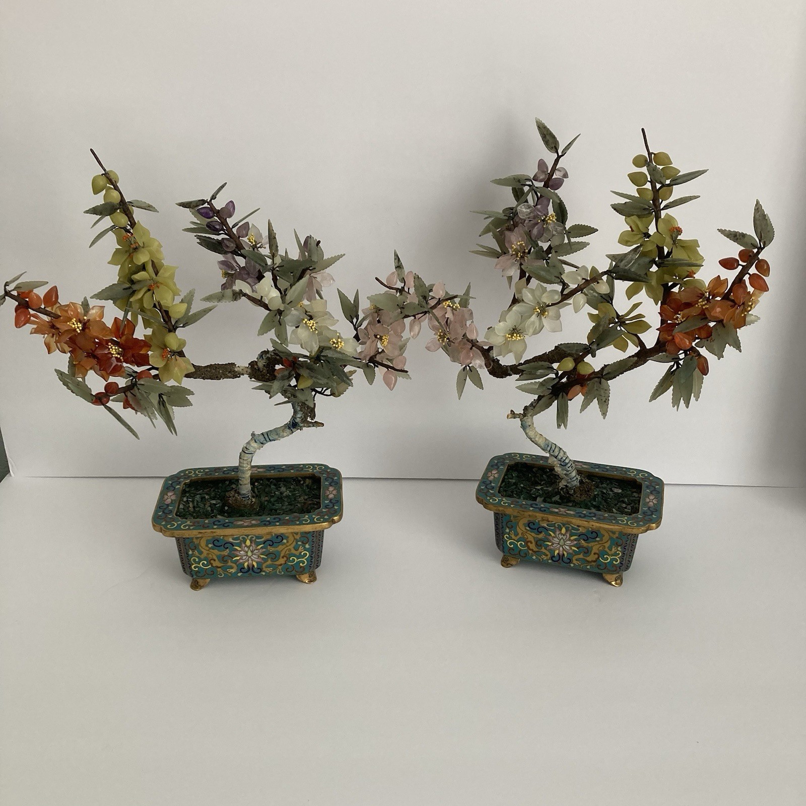 Pair Antique Chinese Jade Bonsai Tree in Cloisonne Pot w Amethyst Carnelian VTG