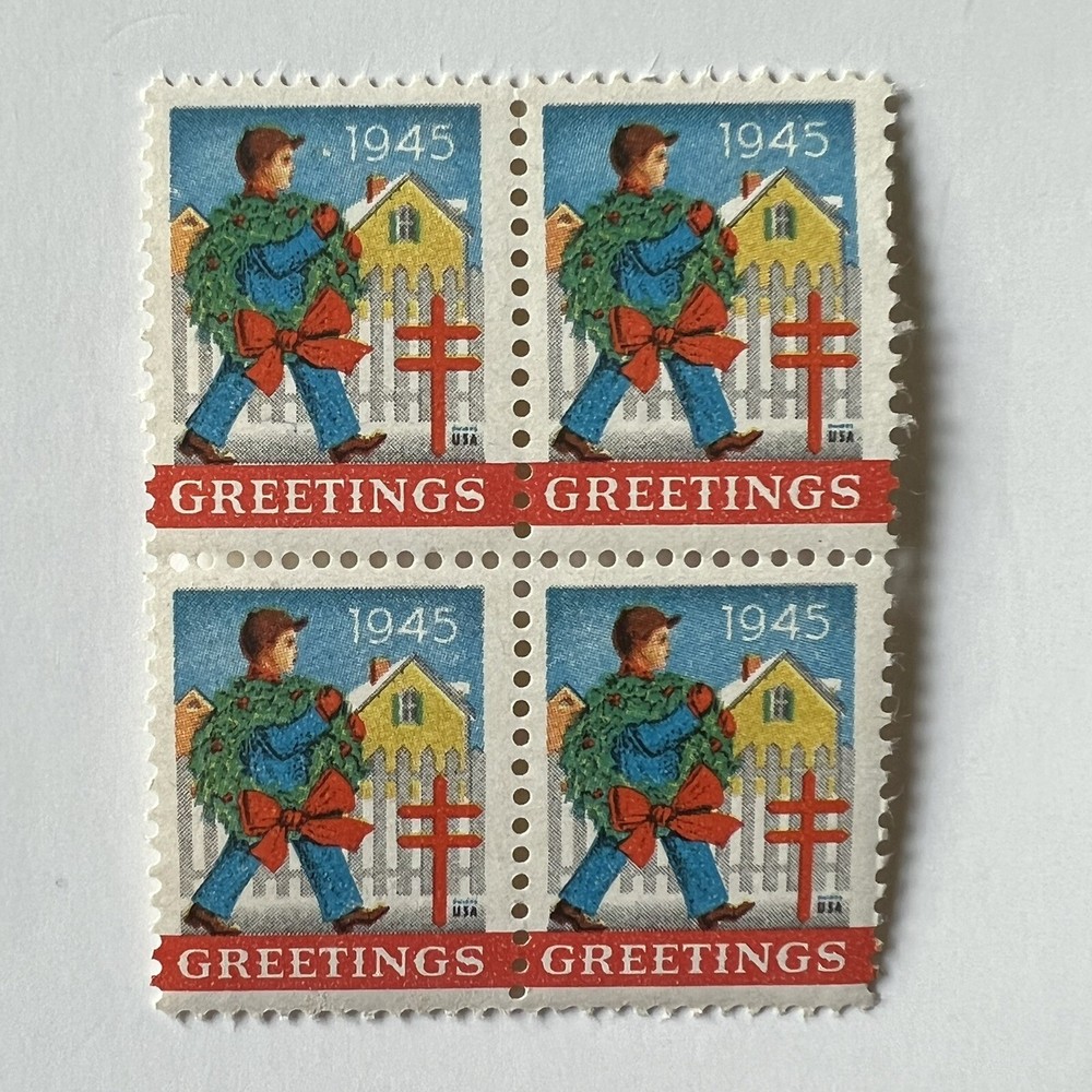 ERROR 1945 CHRISTMAS SEAL BLOCK WITH WHITE DOT BY FACE MNH