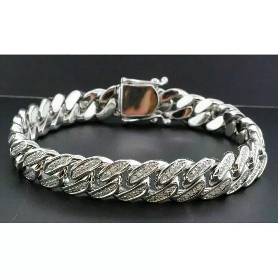 8Ct Round Cut Lab Created Diamond Men's Cuban Link Chain 8" Bracelet 925 Silver