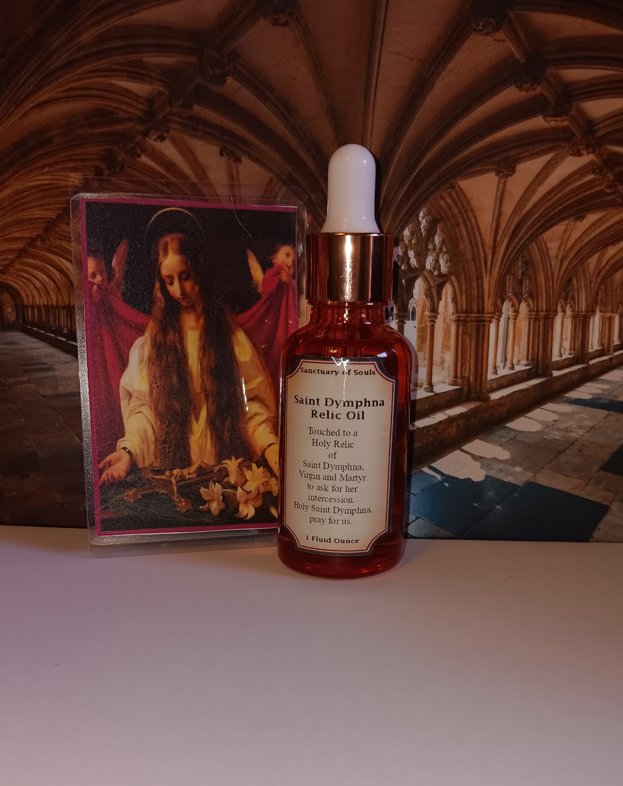 St Dymphna Holy Relic Oil-1 ounce-with Laminated Prayer Card