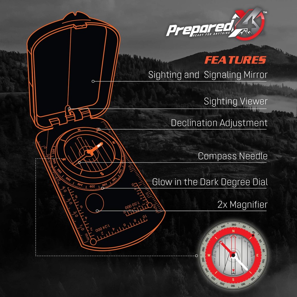 PREPARED4X Hiking Compass Survival – Mirror Sighting Map Orienteering Compass –
