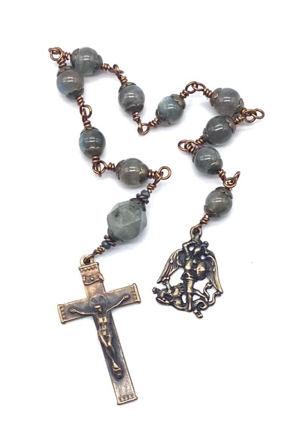 Grey Labradorite Gemstone Wire Wrapped Catholic Heirloom Tenner Rosary