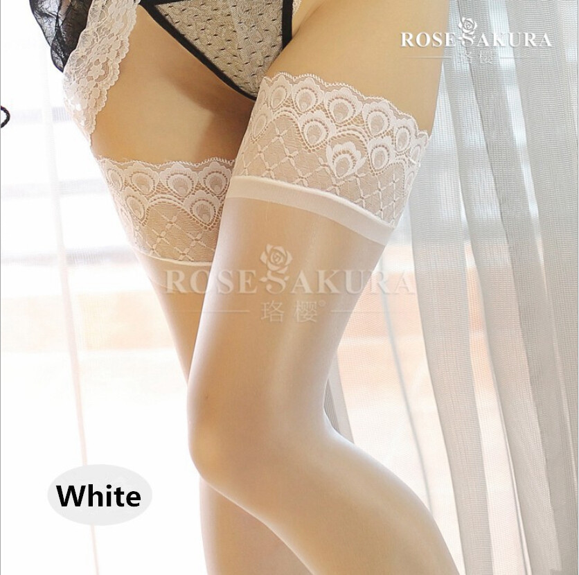 Womens Glossy Oil Shiny Sheer Lace Top Thigh High Silk Stockings Hold Ups