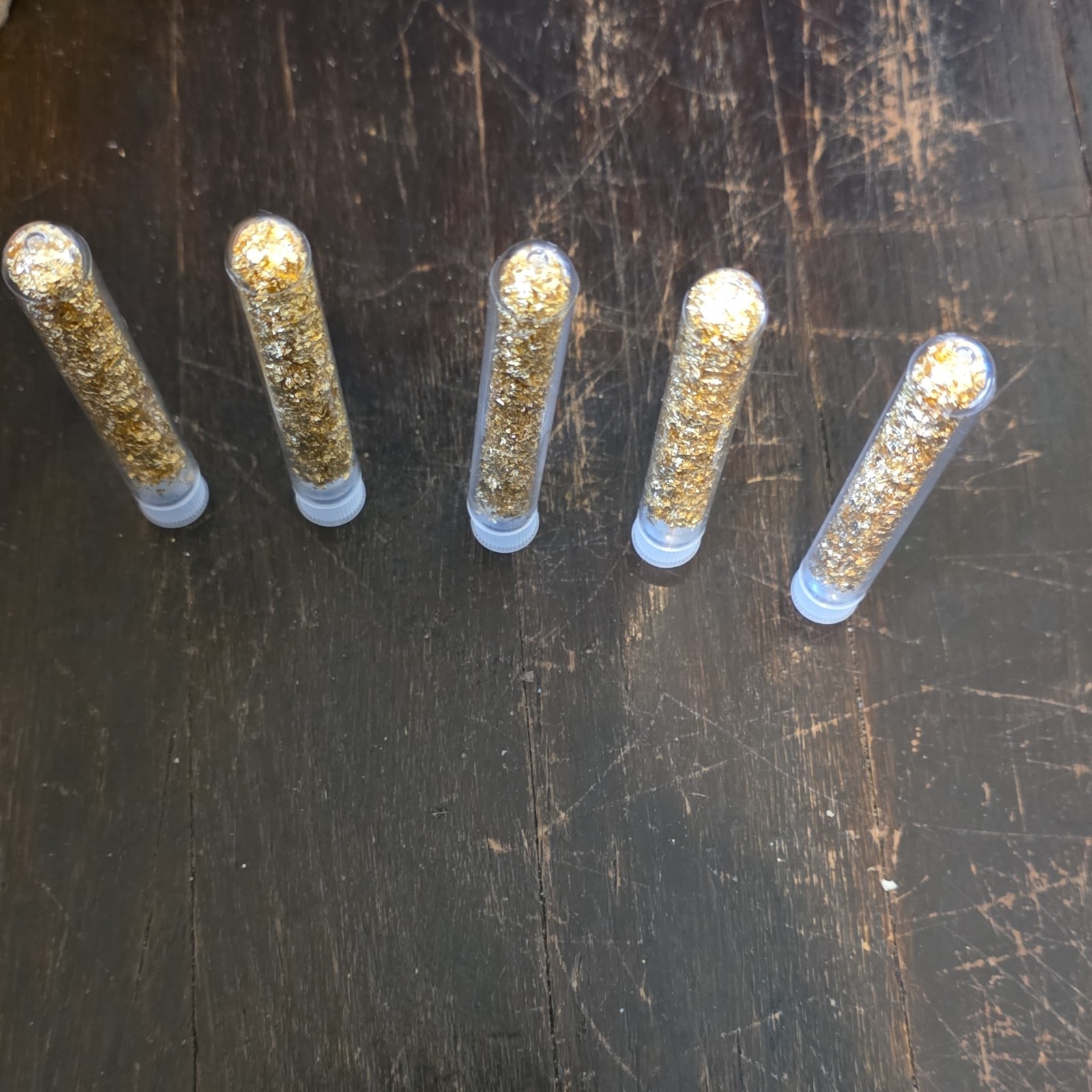 Gold Flakes Real Gold in Plastic Vials Set of 5 Collectible Display Bottles