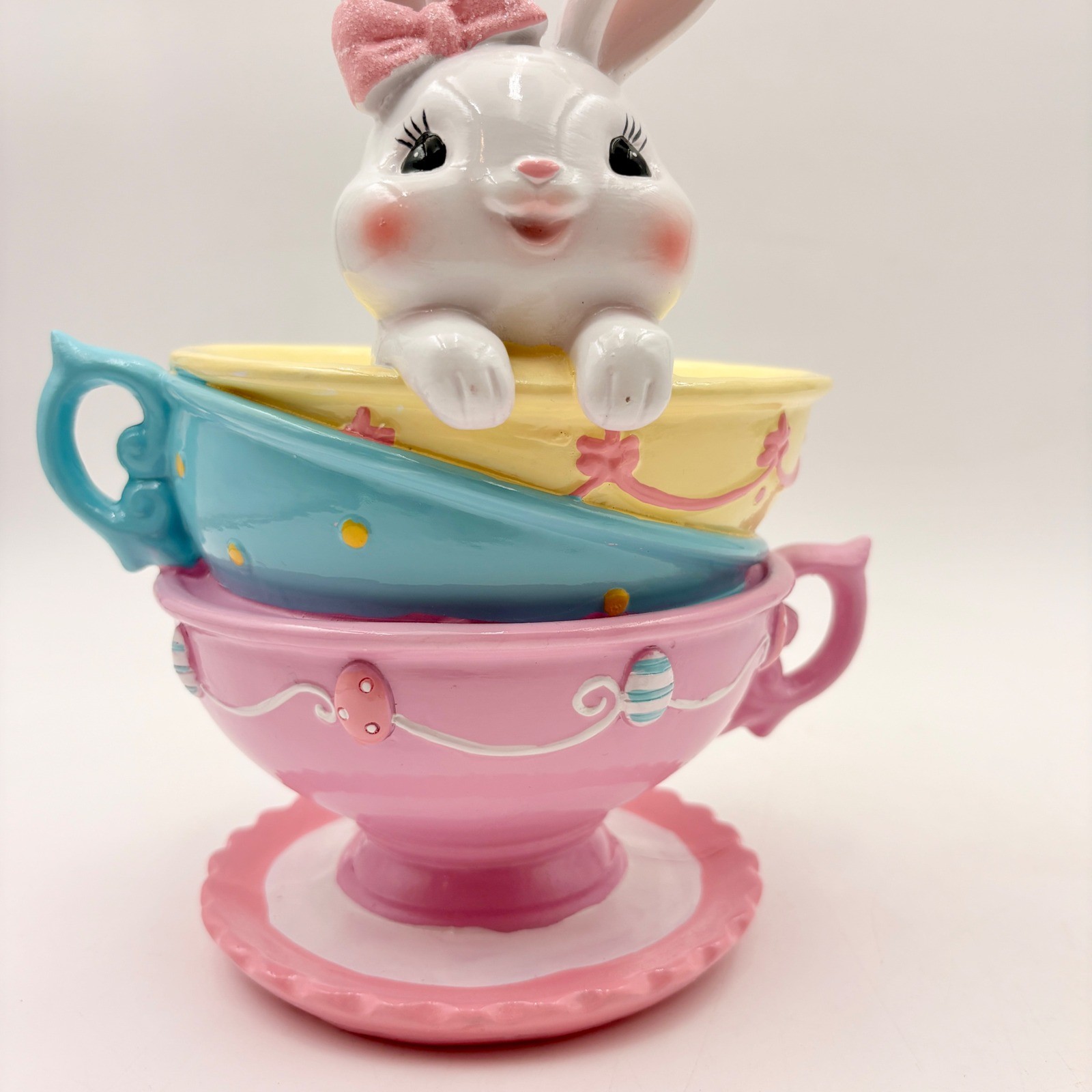 Easter Bunny Rabbit Stack Pastel Teacups Figurine Spring Decor Pink Blue Yellow