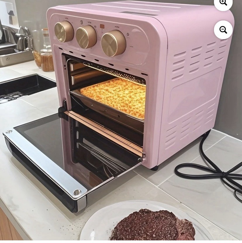 Pink Electric Toaster Oven with Three Control Knobs for Baking and Toasting