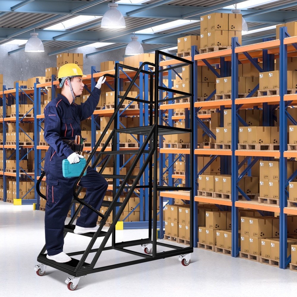 Rolling Ladder 6-Step Warehouse Ladder Platform Height 27.5" w/ Lockable Wheels