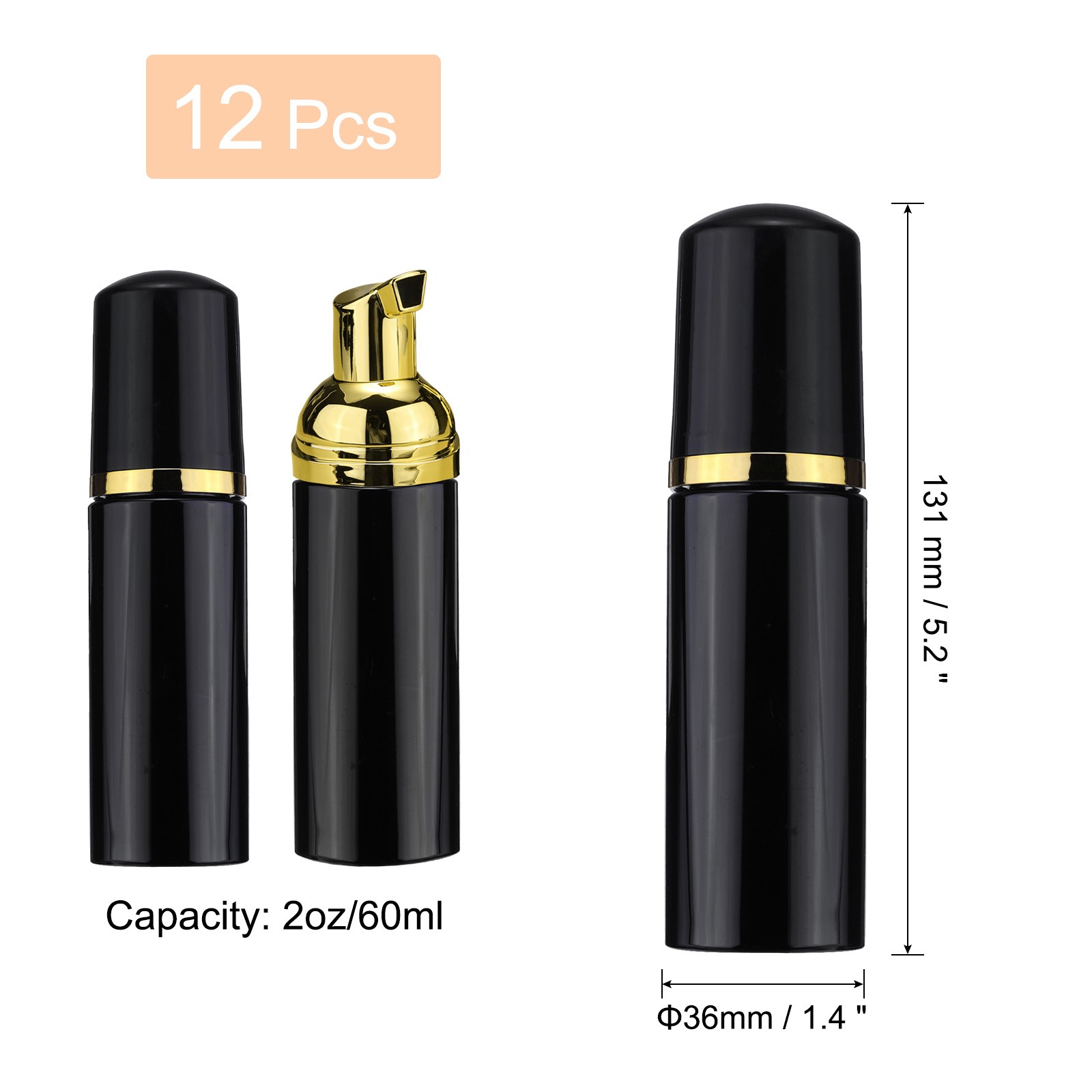 2 Oz Empty Foam Pump Bottle, 12 PCS Soap Dispenser, Black/Gold