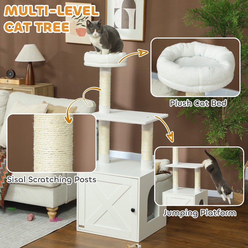 Cat Tree with Litter Box Enclosure, Scratching Posts, Bed, Climbing Platforms