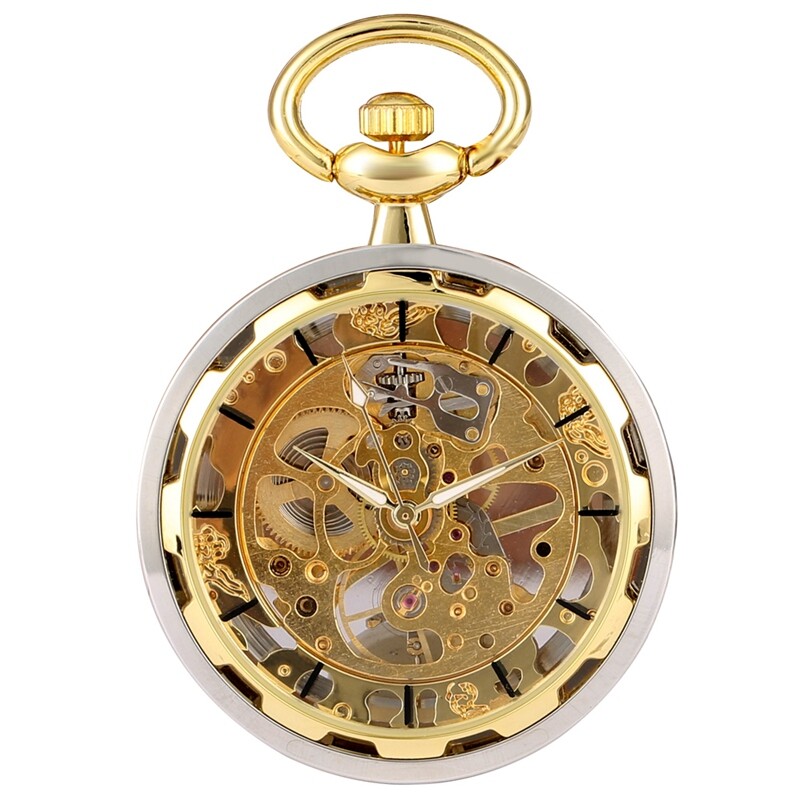 Men's Mechanical Pocket Watch Hand Winding Open Face Golden Pendant Chain Gifts