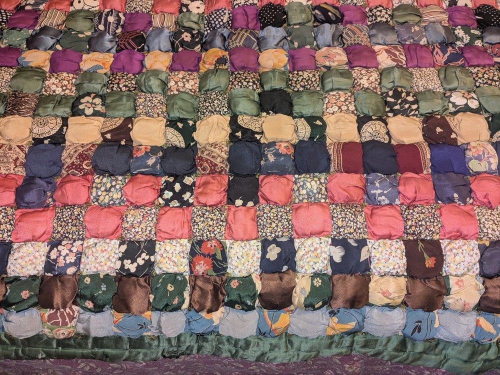 Unique Antique Puff Biscuit Patchwork Fabric Quilt ~ Green Back