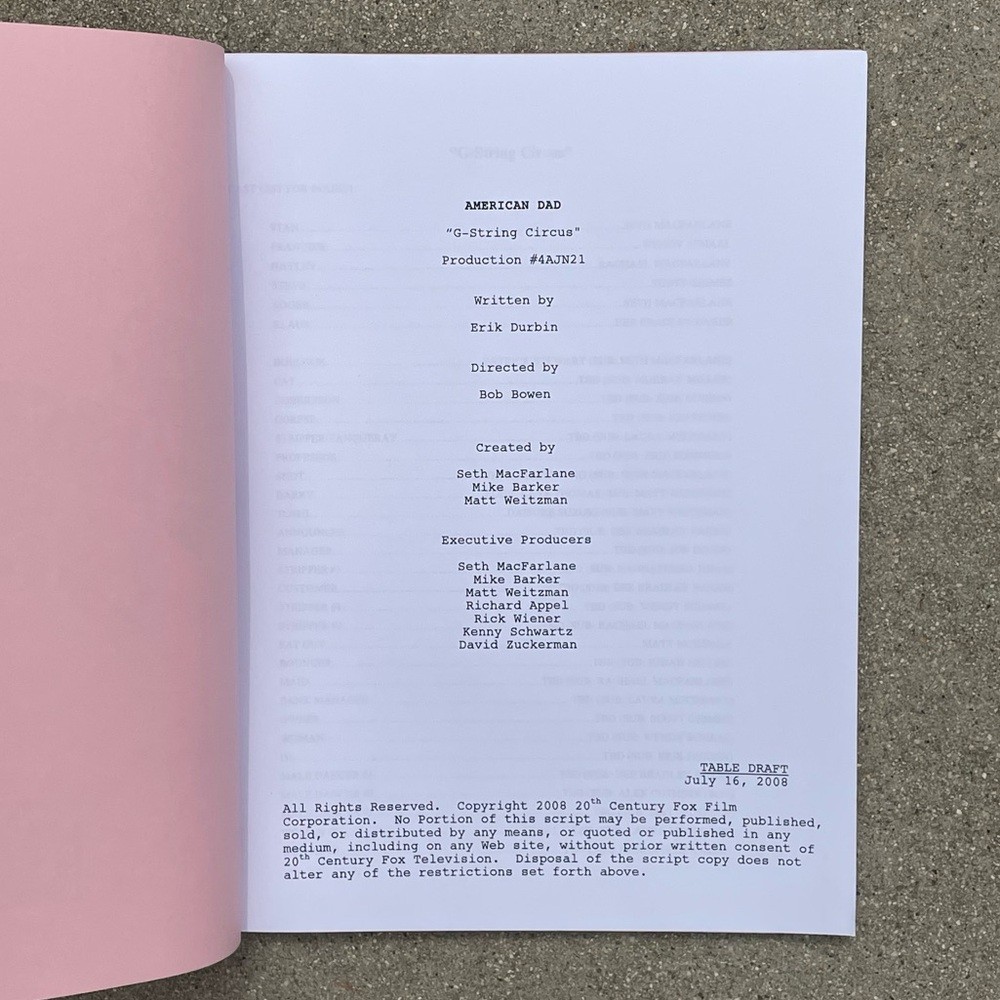 American Dad Original 2008 Production Used Table Draft Script G-String Circus Ep