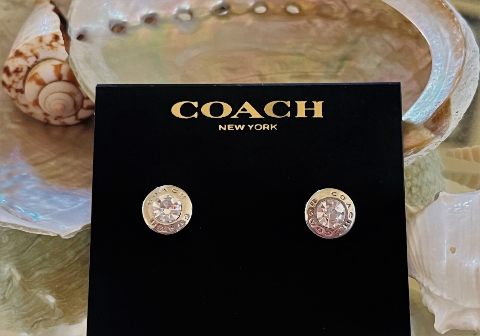 NWT Coach Open Circle Stone Pierced Earrings Silver Plated Stud