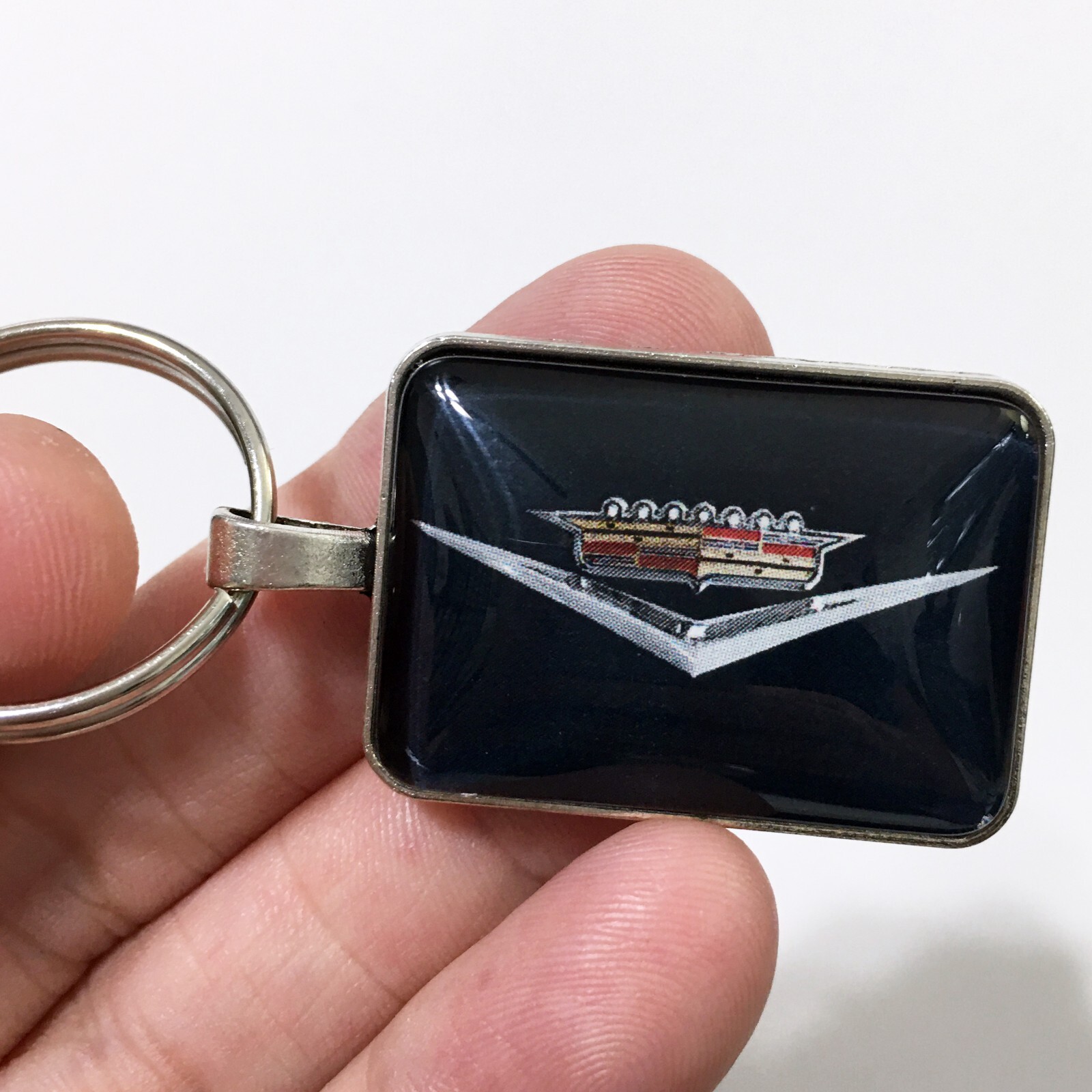 Vintage 1950's CHROME colored Cadillac Badge Trunk Emblem Rectangle Keychain