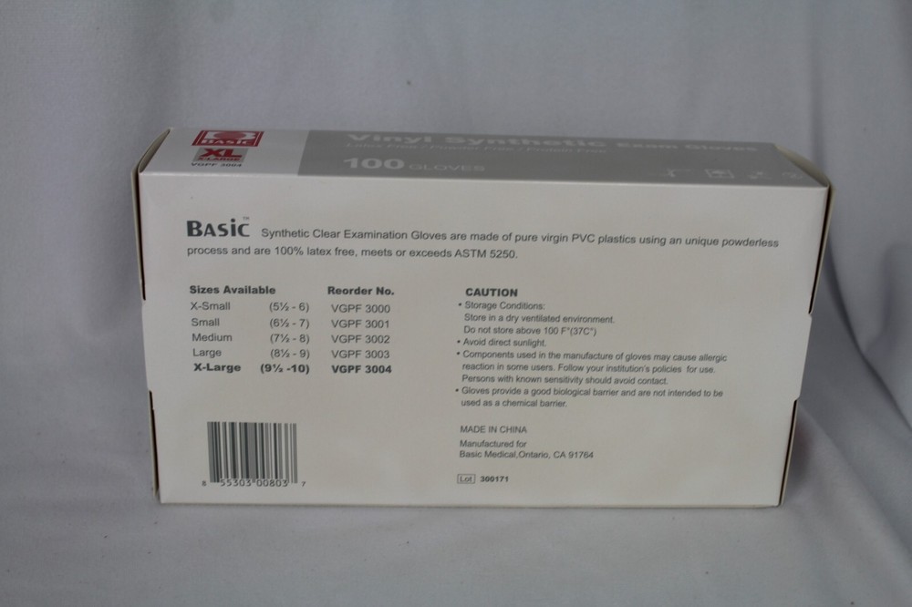 3 Boxes Basic Vinyl Synmax Exam Gloves 100 Ea Box XL VGPF3004