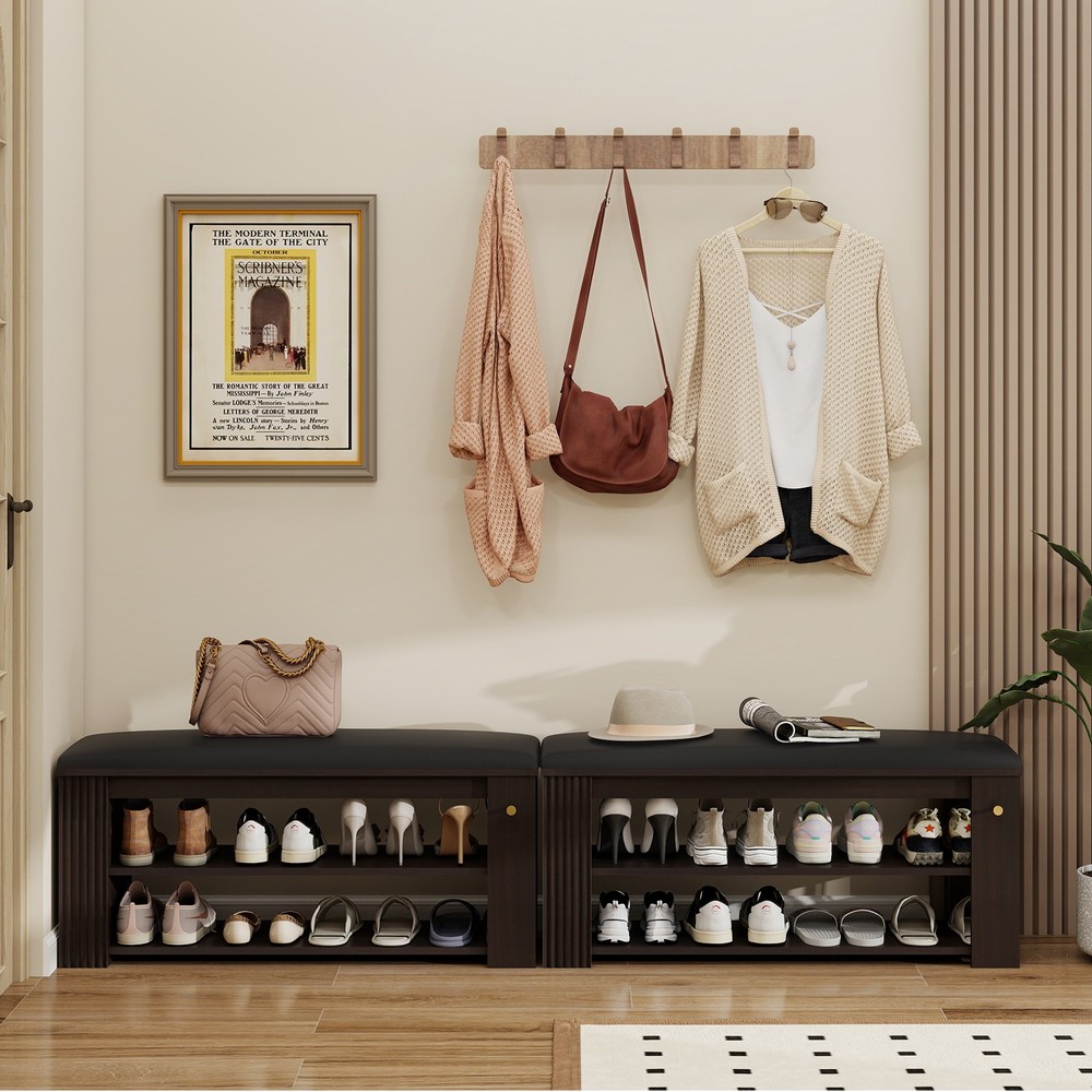 Multi-Functional Leather Storage Bench Entryway Ottoman with Shoe Rack and Hooks