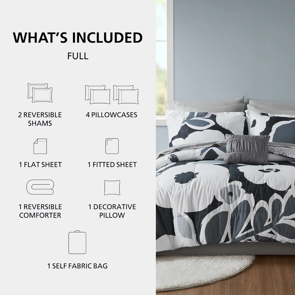Mainstays 11 Piece Queen Size Bed Set with sheets - Black & White Floral Pattern