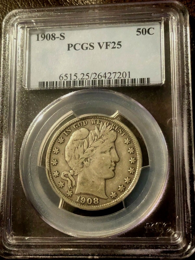 1908-S Barber Half Dollar PCGS VF25 Cert# 26427201