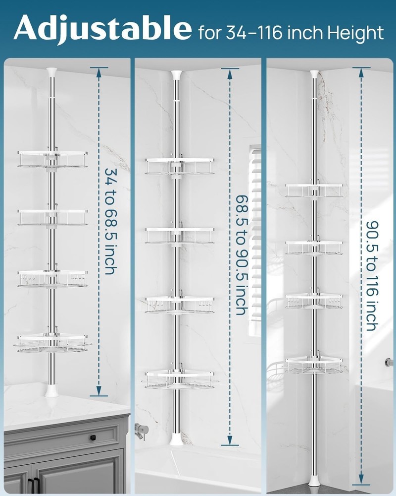 Elegant Rustproof Shower Corner Caddy with 4 Adjustable Shelves & Tension Pole