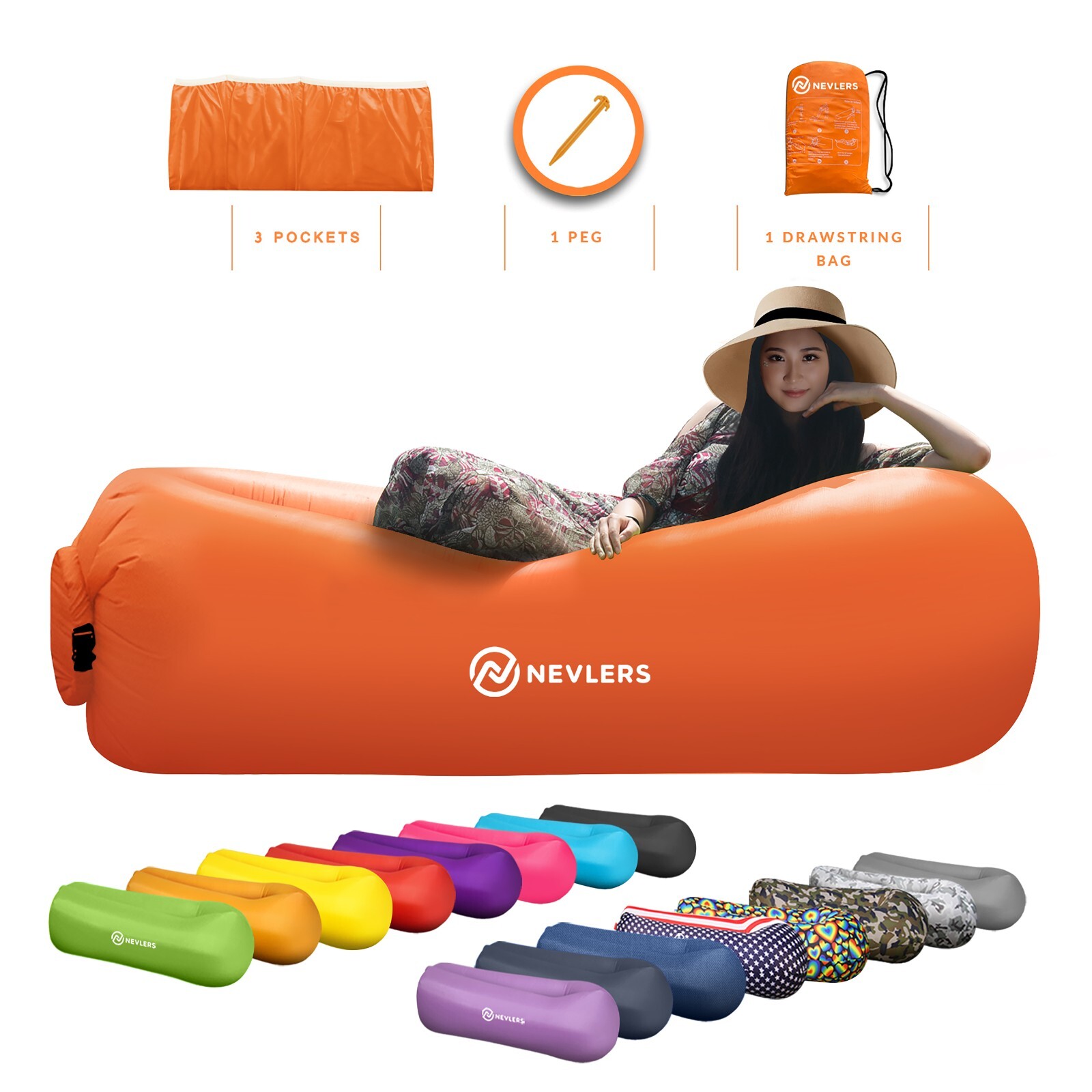 Nevlers Inflatable Blow Up Lounger Outdoor Chair Bed Travel, With Bag & Pockets