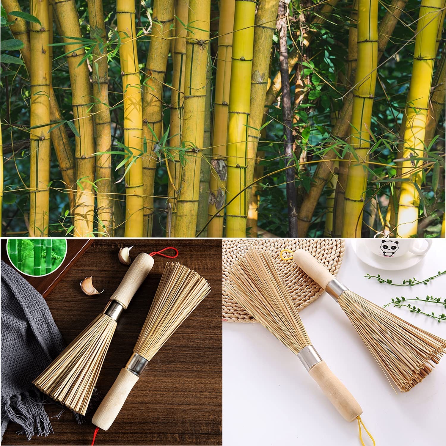 2Pack Traditional Natural Bamboo Wok Brushes, Kitchen Cleaning Brush, Brown